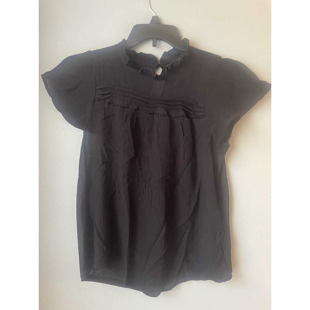 Flower and feather blouse black‎ gauze flutter sleeves XL